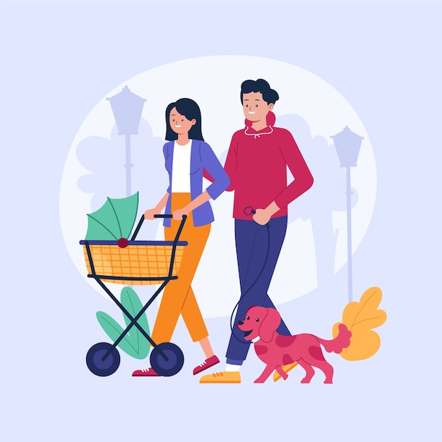 Famiglia disegnata a mano con illustrazione di animali domestici