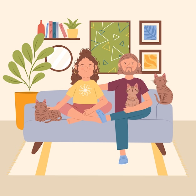 Famiglia disegnata a mano con illustrazione di animali domestici