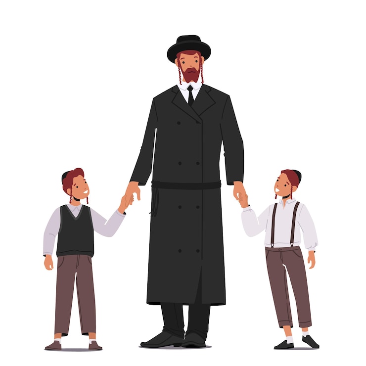 Vettore famiglia ebrea tradizionale ebreo ortodosso padre con figli personaggi generazioni umane relazioni legame