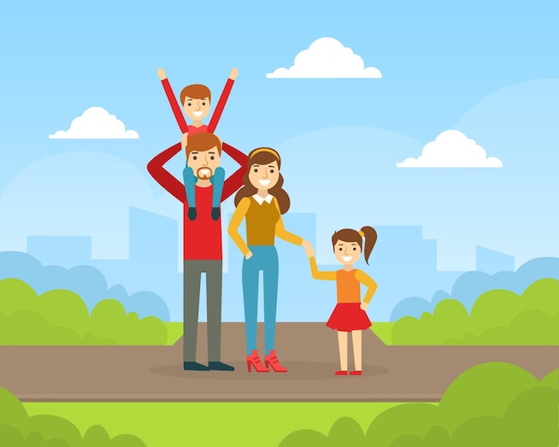 Famiglia felice a passeggiare e divertirsi all'aperto Madre Padre Figlia e figlio che trascorrono del tempo insieme nel parco Illustrazione vettoriale di cartoni animati