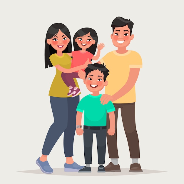 Famiglia felice asiatica. Papà, mamma, figlia e figlio insieme