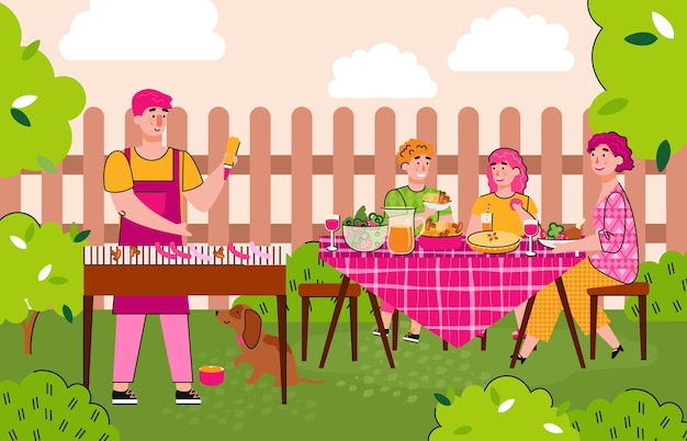 Famiglia felice che cucina barbecue nell'insegna del fumetto di estate del pasto del bbq