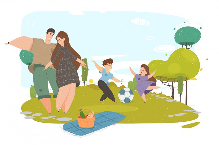 Famiglia felice che mangia picnic all'aperto nel parco.