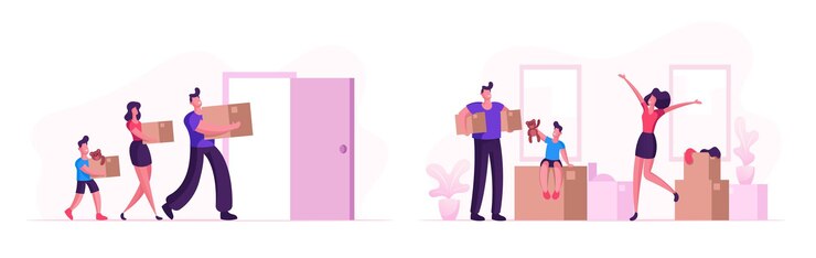 Vettore famiglia felice che si trasferisce in una nuova casa. madre, padre e figlio piccolo portano scatole e cose a casa. persone che acquistano appartamenti immobiliari per vivere, processo di trasferimento cartoon flat vector illustration