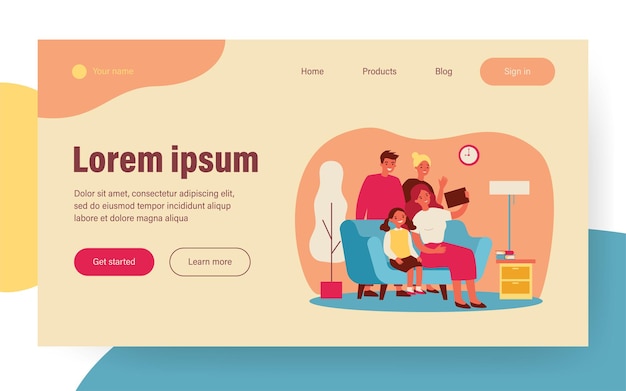 Famiglia felice che utilizza tablet per videochiamate. Genitori, bambino, illustrazione vettoriale piatto di nonni. Comunicazione, amore, concetto di solidarietà per banner, design di siti Web o pagina Web di destinazione
