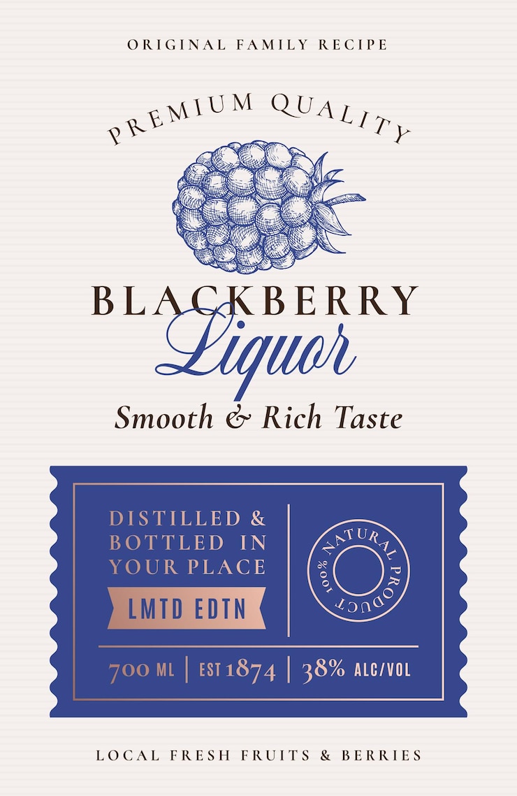 Vettore famiglia ricetta blackberry liquore acohol etichetta astratta vettoriale packaging design layout tipografia moderna banner con disegnata a mano black berry silhouette logo e sfondo