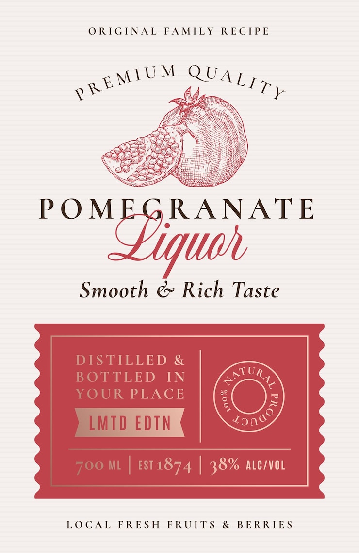 Vettore famiglia ricetta liquore al melograno etichetta astratta vettoriale imballaggio design layout tipografia moderna banner con frutta disegnata a mano con fetta silhouette logo e sfondo