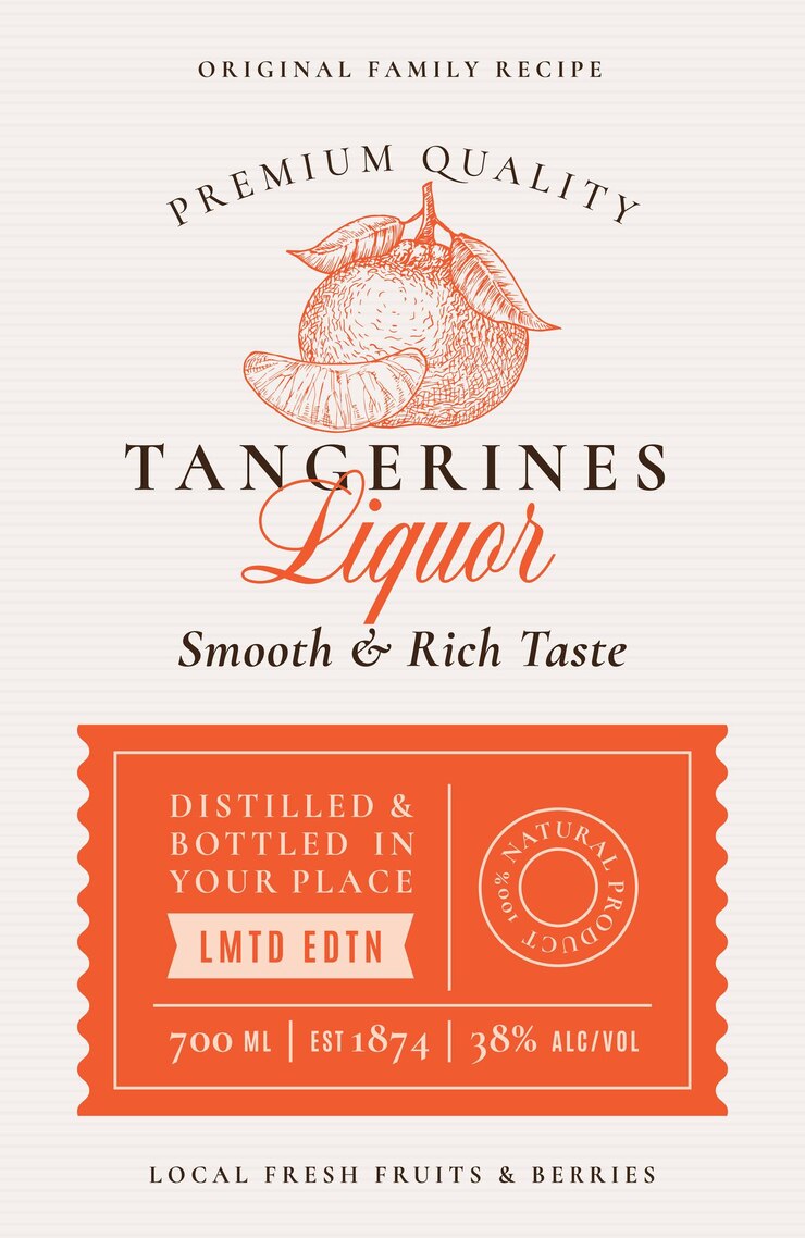 Famiglia Ricetta Mandarini Liquore Acohol Etichetta Astratta Vettoriale Packaging Design Layout Tipografia Moderna Banner Con Agrumi Disegnati A Mano Silhouette Logo E Sfondo