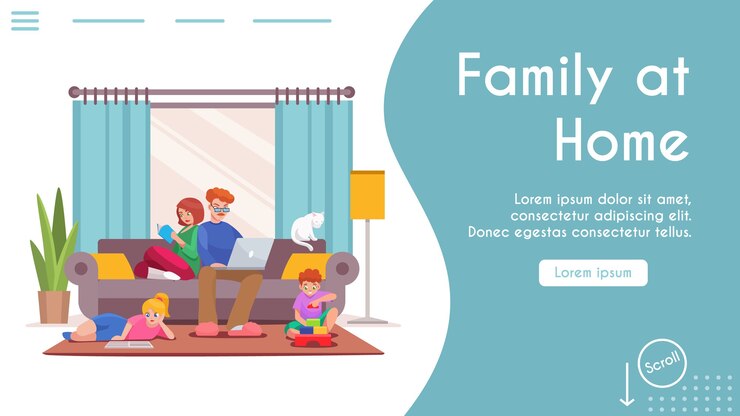 famiglia stare a casa. Papà seduto sul divano, lavorando al computer portatile. Libro di lettura della mamma. Il figlio gioca con i cubi del giocattolo. La figlia legge, fa i compiti. Salone interno della casa
