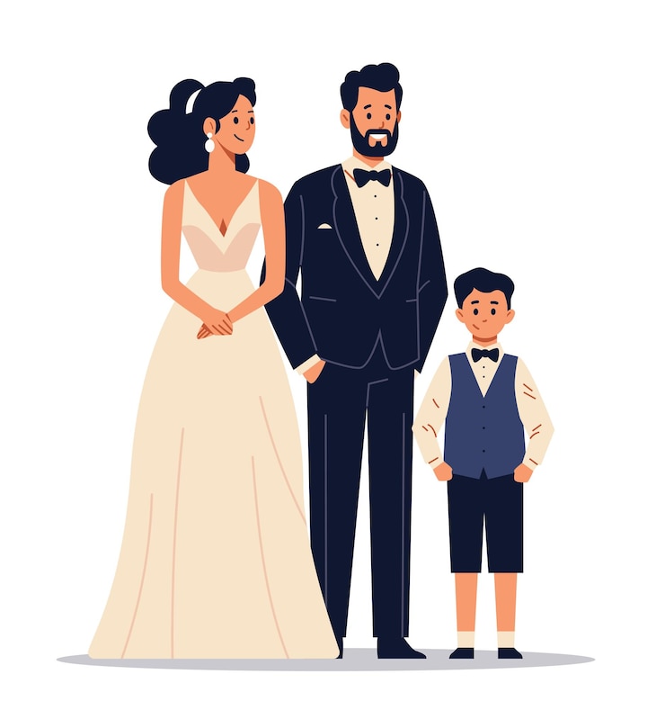 Vettore famiglia vestita in abito formale in piedi insieme coppia elegante con un bambino che indossa uno smoking e abito stile di design piatto su sfondo bianco