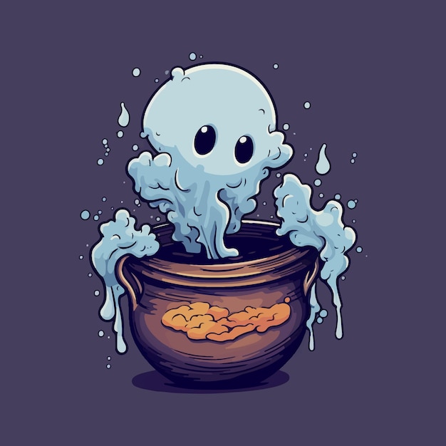 Fantasma polveroso in una vecchia pentola disegno di adesivo illustrativo creativo