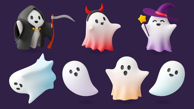 Vettore fantasmi 3d carini rendono elementi di halloween fantasma personaggi horror carini di vacanza morte e mostro vampiro set di plasticina vettoriale spaventoso conciso