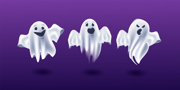 Fantasmi di halloween buoni e cattivi un insieme isolato di personaggi in costumi tre fantasmi galleggianti con