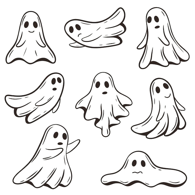 Fantasmi disegnati a mano set clip art illustrazioni silhouette personaggi spettrali per Halloween divertente