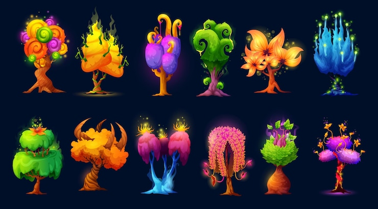 Vettore fantastica risorsa di gioco di alberi e piante magiche aliene