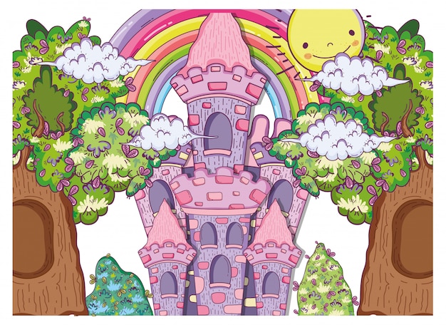 Fantastico castello con case sugli alberi e sole