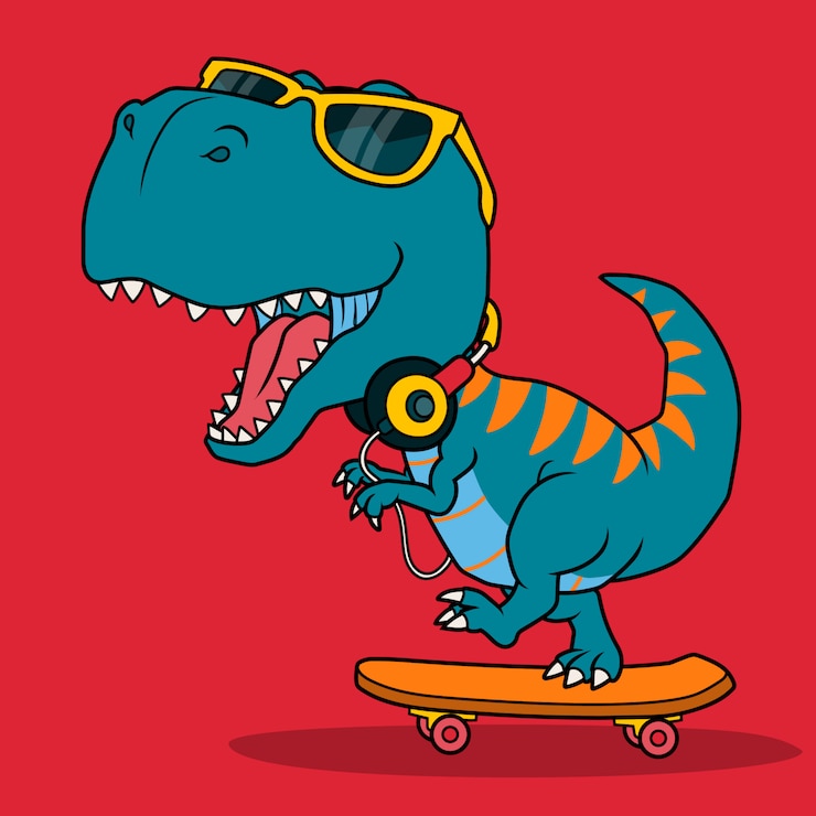 Vettore fantastico dinosauro che gioca a skateboard.
