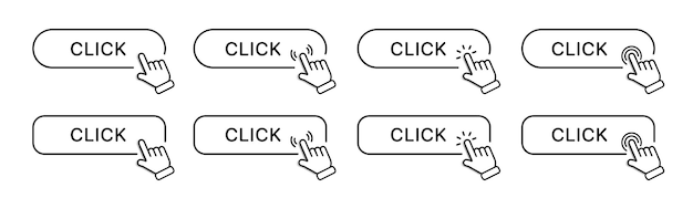 Fare clic qui Pulsante Web con cursore a mano Pulsante di azione e puntatore a freccia Simbolo del clic del mouse del computer