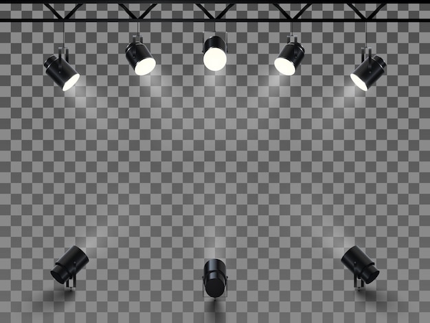Faretti con fase brillante luce bianca brillante. Proiettori per collezioni con effetto Illuminato. Set di proiettore per studio su sfondo trasparente.