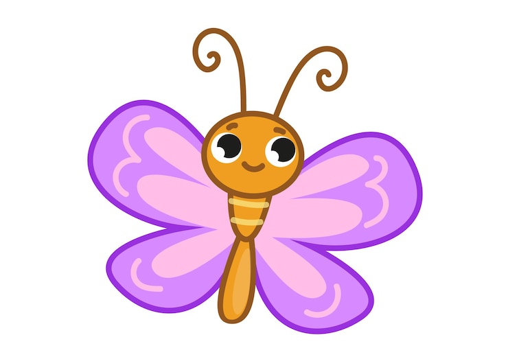 Farfalla felice simpatico cartone animato con ali rosa La falena vola e sorride Piccolo insetto in movimento