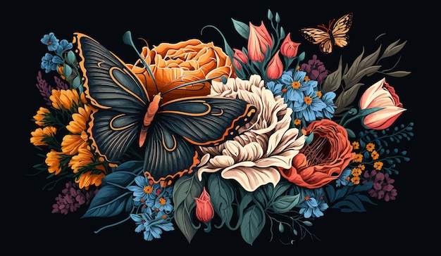 Farfalla nel colorato mazzo di fiori illustrazione vettoriale Sfondo di isolamento Illustrazione vettoriale