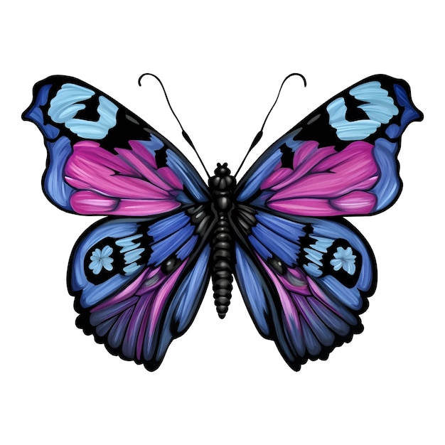 Farfalle colorate blu e rosa dei cartoni animati su illustrazione vettoriale bianca
