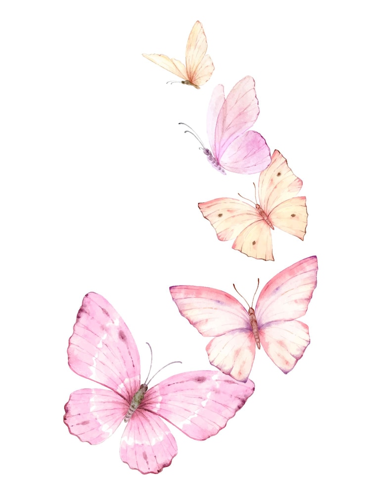 Vettore farfalle vettoriali ad acquerello rosa volanti, illustrazione dipinta a mano