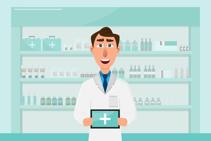 Vettore farmacia con medico in cassa