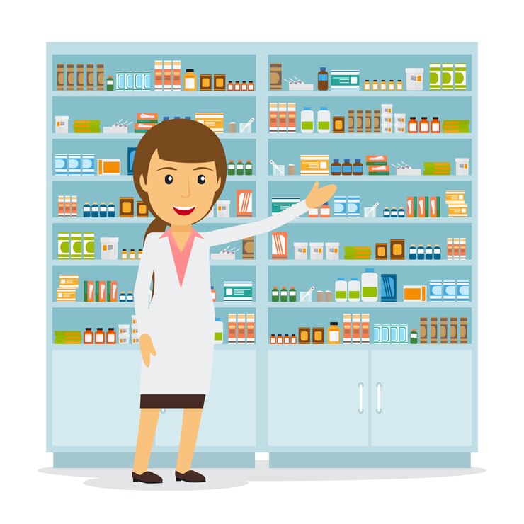 Vettore farmacista femminile sorridente