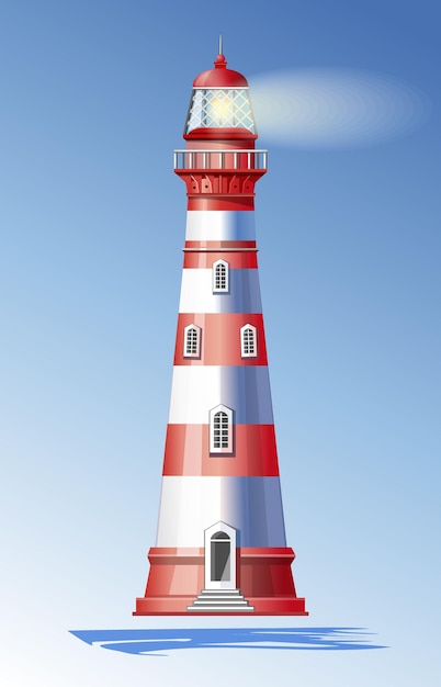 Faro di navigazione rosso e bianco contro il cielo blu. Faro con strisce sul piedistallo.