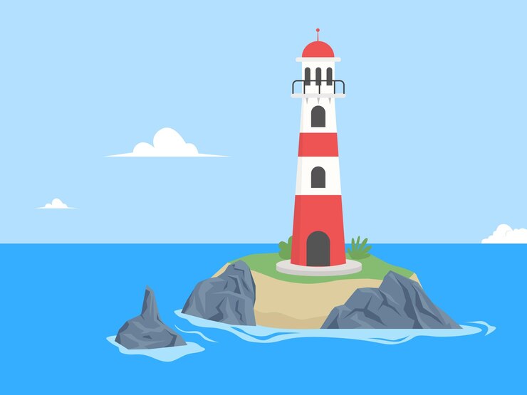 Vettore faro sulle rocce alla torre faro diurna