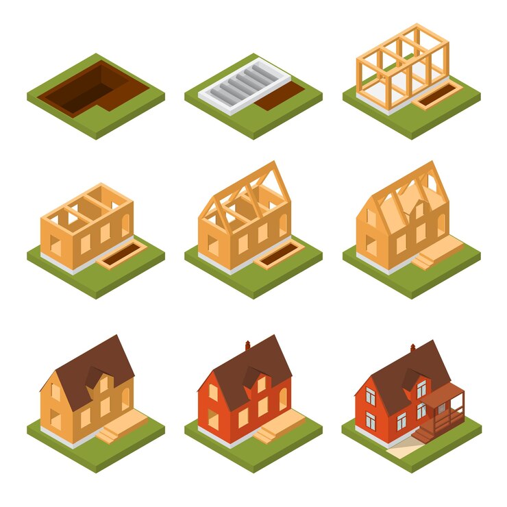 Vettore fase di costruzione casa set vista isometrica concetto immobiliare dalla fondazione alla facciata. illustrazione vettoriale
