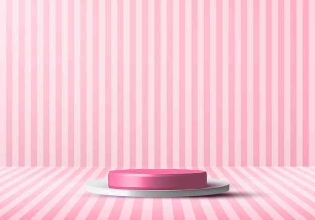 Fase di studio podio rendering 3D rosa e bianco realistico con linee verticali