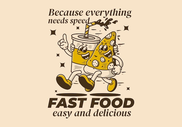 Fast food facile e delizioso Illustrazione del personaggio che gestisce la pizza e le bevande analcoliche