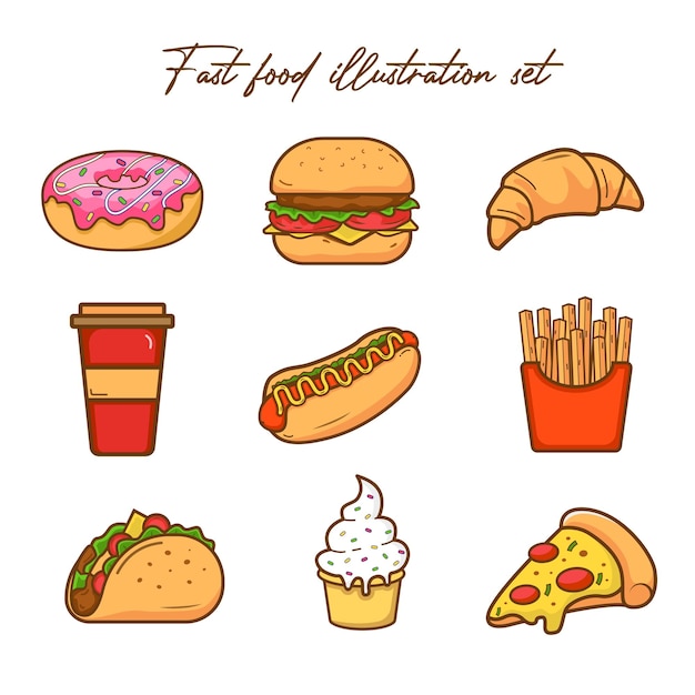 Fast food illustrazione set cibo spazzatura ciambella hot dog hamburger pizza taco loco gelato croissant vettore