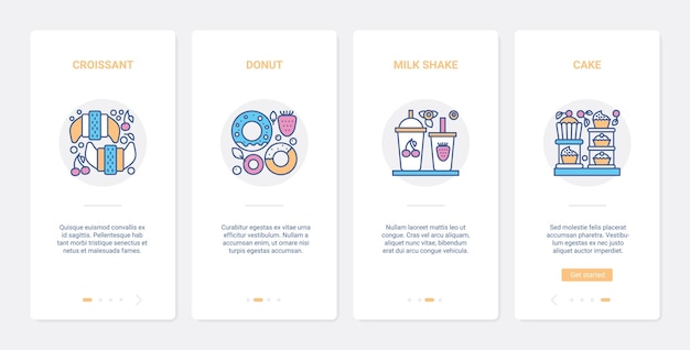 Fast food per bar, panetteria o pasticceria ux ui onboarding set di schermate della pagina dell'app mobile