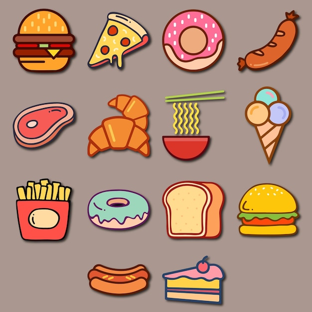 Fast Food Set di icone di contorno riempite Collezione di alimenti pronti da mangiare