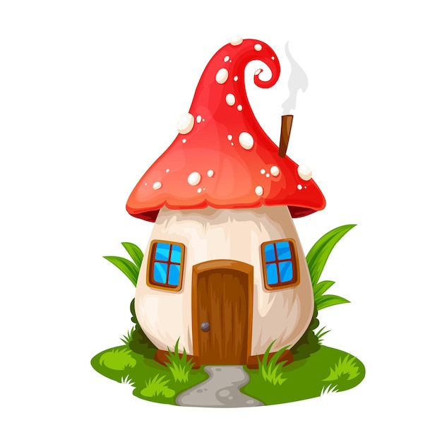 Fata casa dei funghi, dimora degli gnomi. Costruzione di cartoni animati di agarico di mosca vettoriale, casa di elfi da favola con porta di legno, finestre e tubo fumante sul tetto. Casa carina fantasia isolata sul campo verde con percorso