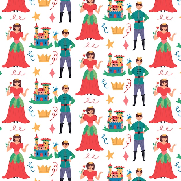 Fata modello principe principessa castello. Carta da parati per bambini per l'arredamento della scuola materna. Illustrazione senza giunte di vettore piatto moderno