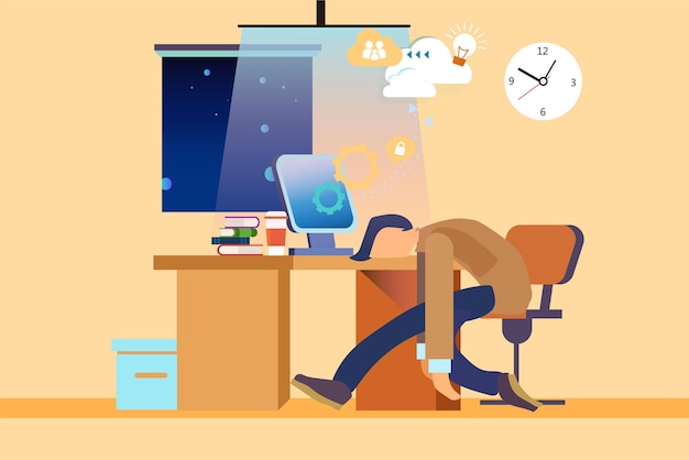 Fatica creativa del design dell'illustrazione che lavora in ufficio