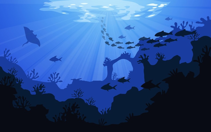Vettore fauna oceanica sottomarina piante di mare profondo pesci e animali alge marine pesci e silhouette animali