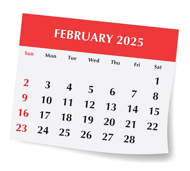 Febbraio 2025 calendario inglese Illustrazione vettoriale dell'ombra della pagina mensile della carta Progettazione inizio domenica