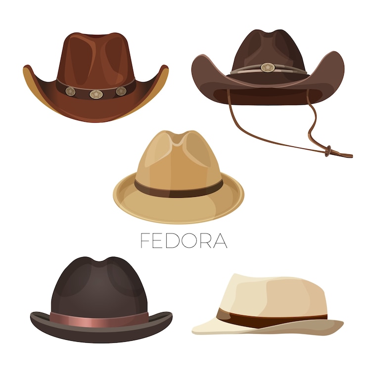 Vettore fedora e cappelli da cowboy dei colori marrone e beige impostati. copricapi e accessori alla moda per uomini di modelli moderni isolati realistici piatti s.