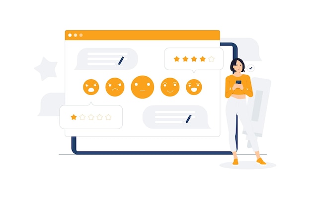 Feedback sondaggio sulla soddisfazione della recensione del cliente il cliente valuta la qualità del servizio reputazione classifica L'utente fornisce una valutazione del servizio esperienza eccellente illustrazione del concetto di applicazione del telefono cellulare