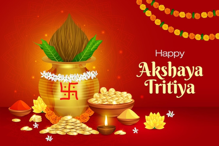Vettore felice akshaya tritiya festival moneta d'oro in sfondo kalash