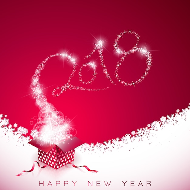 Felice anno nuovo 2018 illustrazione su sfondo rosso con scatola regalo e design tipografia
