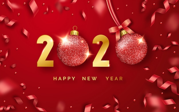 Felice Anno Nuovo 2020 sfondo con brillanti numeri, palline e nastri