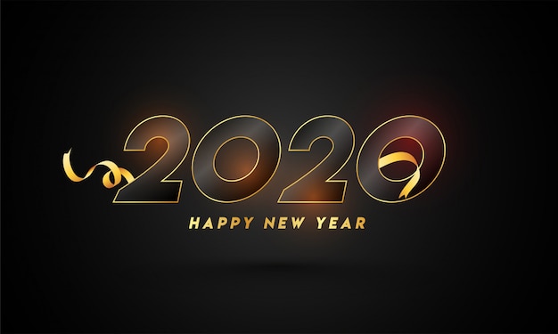 Felice Anno Nuovo 2020 testo con nastro dorato su sfondo nero.