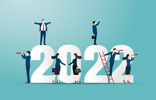 Felice anno nuovo 2022. 2022 obiettivi aziendali concetto illustrazione. Team aziendale alla ricerca di nuove opportunità. Comando. Visione. Risultato. Disegno vettoriale di successo
