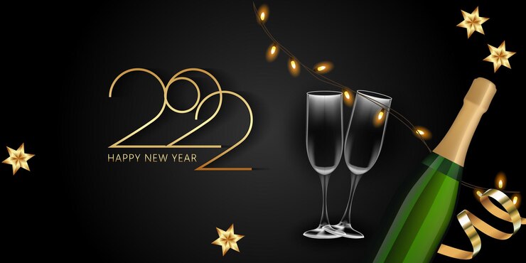 Vettore felice anno nuovo 2022. bicchieri di champagne e scritte eleganti dorate. vettore